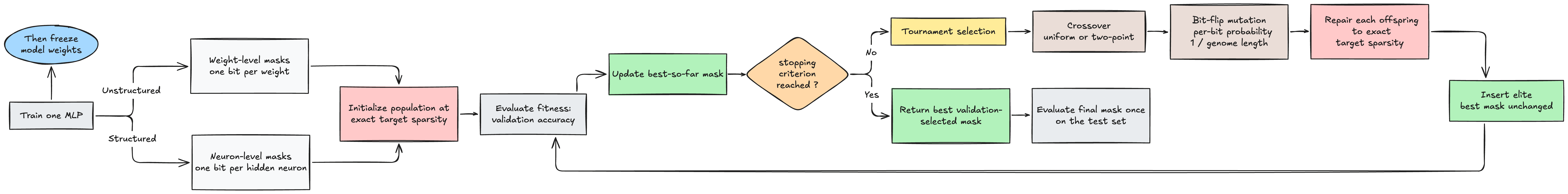 Training, pruning-mask representations, and genetic algorithm workflow