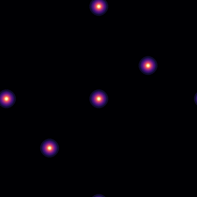 Five heat sources diffusing on a 2D grid with periodic, wrap-around boundaries